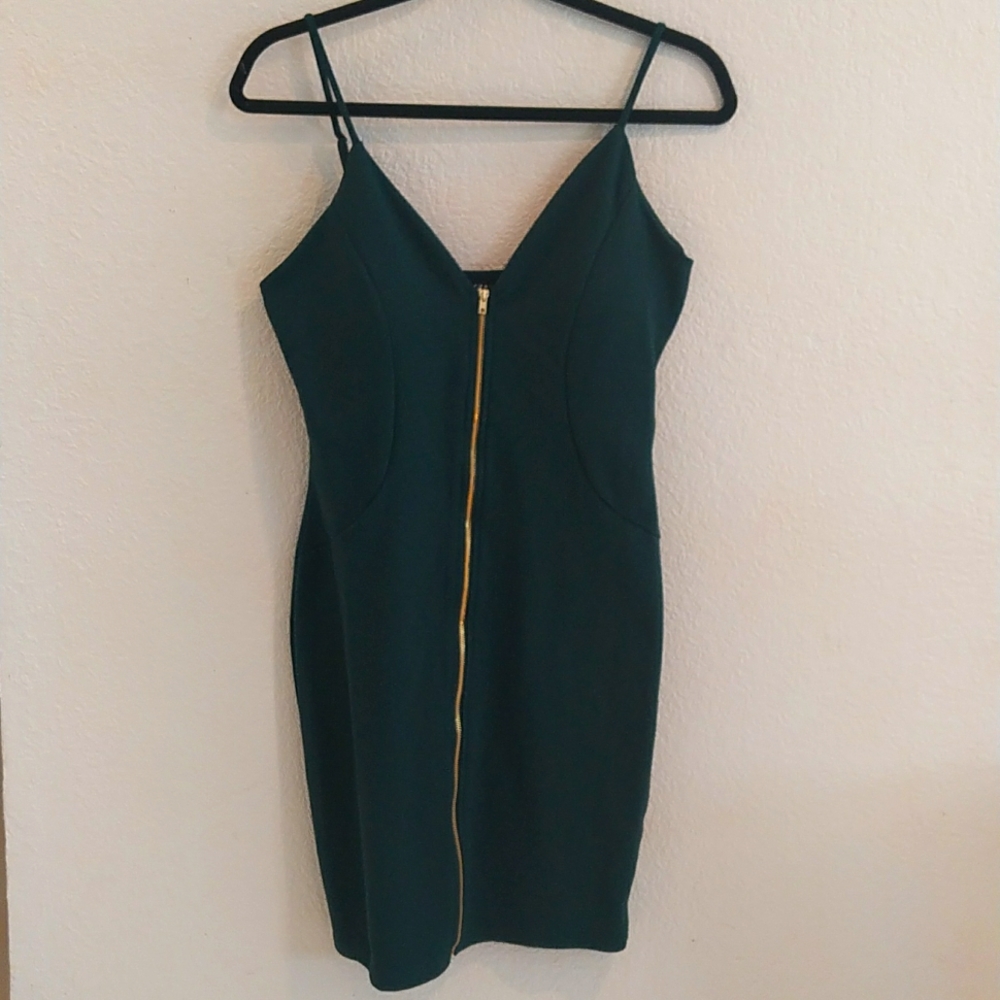 Emerald green spaghetti strap bodycon full frontal zip dress